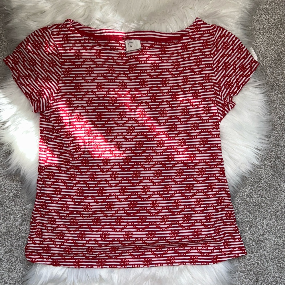 Anthropologie White and Red Fitted Cap Sleeve Tee